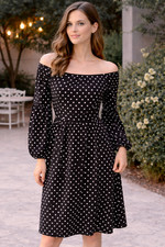 NASTY GAL BLACK WITH WHITE POLK DOT LONG SLEEVE ROUND NECK  A-LINE DRESS SIZE 10