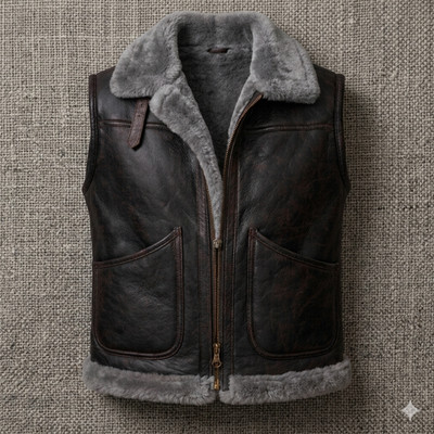 B3 RAF Brown Aviator Vest - Real Sheepskin Leather Bomber Shearling  Vest Style.