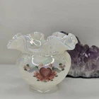 Fenton Glass Pearl Iridescent Painted Heart Rose Ruffled Vase Signed D. Anderson