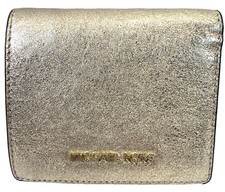 MICHAEL KORS Rose Gold Shimmering Leather Bi-fold Compact Logo Small Wallet