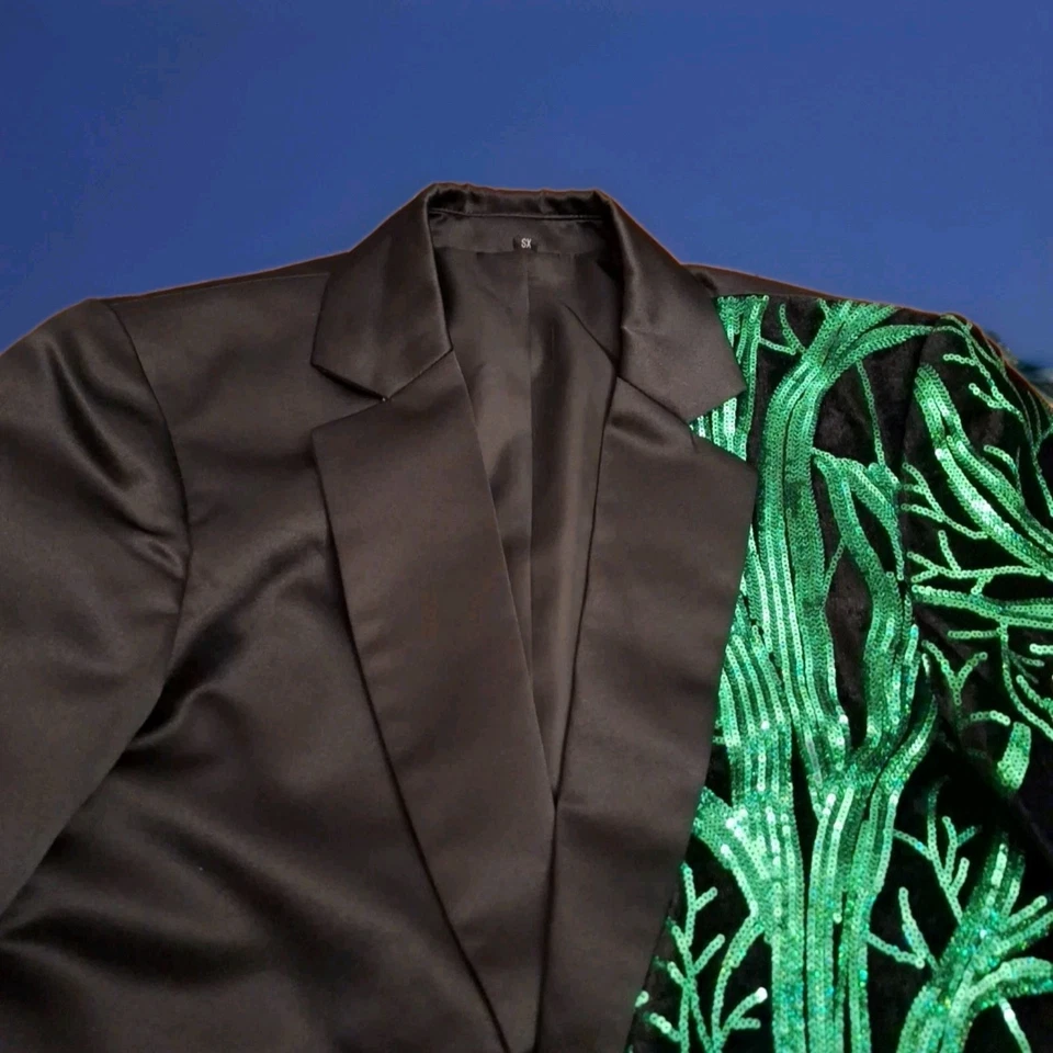 Elegante Chaqueta Negra Verde Lentejuelas Vines Talla XS Brillante Audaz Retro Drag King Foto 4 de 4