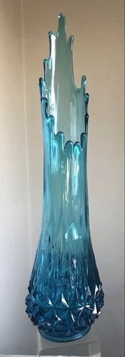 VINTAGE GLASS SWUNG VASE L.E. SMITH BLUE DIAMOND BUTT 26" BLENKO ERA SUPER CLEAN