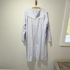 Lanz of Salzburg Tyrolean Stripe Flannel Nightgown Light Blue Floral Size Large