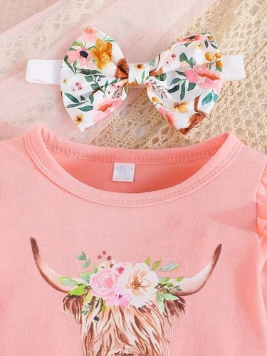 Baby Girls Pants Set Highland Cow 12-18 M Purple or Peach Floral Flared Leg NEW - Picture 17 of 30