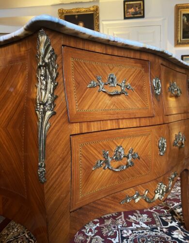 MARBLE TOP FRENCH PARQUETRY INLAID KINGWOOD BOMBE COMMODE CHEST OF DRAWERS C1930 - Picture 11 of 15