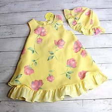 Vintage Baby Girl's Floral Dress Bonnet Hat Set Size 24 Months Yellow Floral