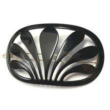 Women Hair Clip Metal Snap Barrette Leaf Large Black Ornate Cut Made in France
