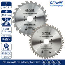 2 Pcs - 185mm x 24T & 40T TCT Circular Wood Saw Blades Bosch Makita Dewalt 184mm