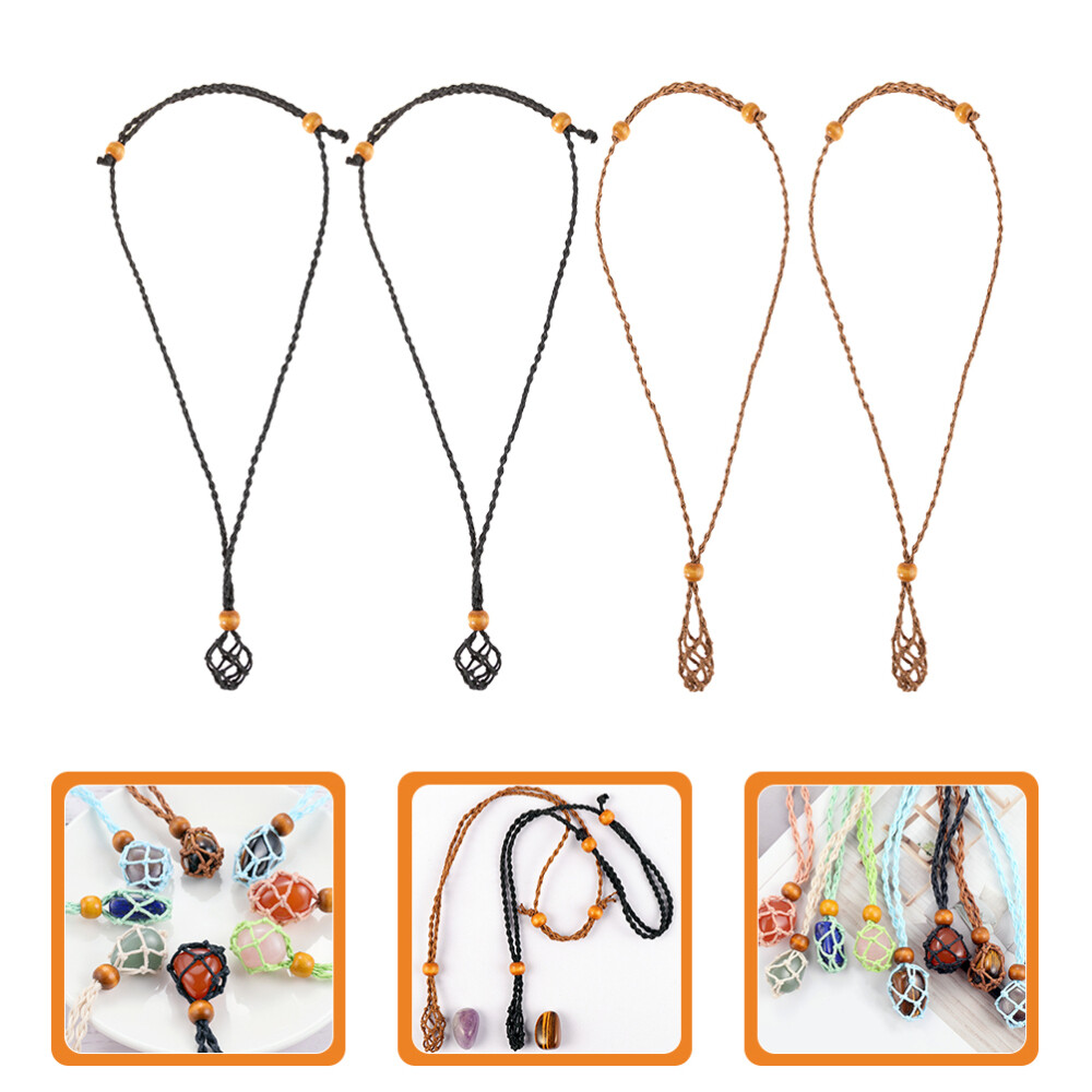 4 Pcs Crystal Pendant Cage Necklace Cord Stone Holder Wax Rope