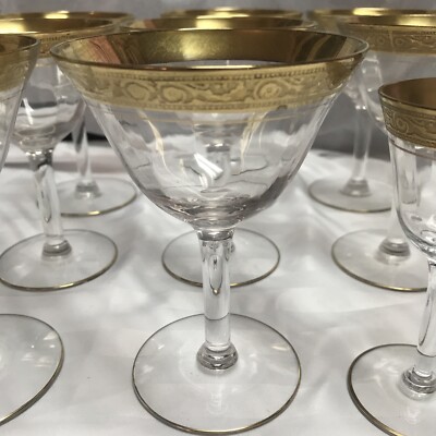 Vintage Gold Encrusted Rim Glasses Used Visible Marks SetBig8 Small 2