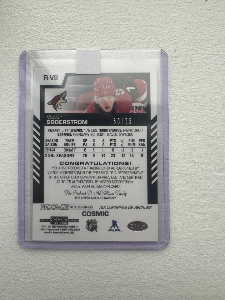 2020-21 OPC Platinum Victor Soderstrom (Rookie)(#R-VS) Cosmic Autograph 65/75 - Image 2 of 2