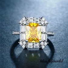 2CT Radiant Cut Genuine Citrine 14K White Gold Finish Engagement Wedding Ring