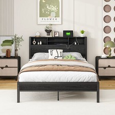 Full Size Bed Frame Metal W/ Bookcase Storage Headboard Charging Station Black