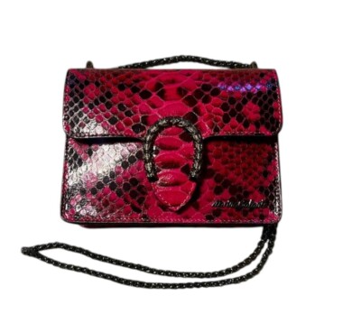 Marina Galanti Vera Pelle Fuchsia Snakeskin Print Leather Shoulder Bag NWT