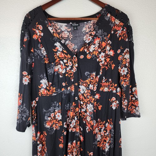 Torrid Dark Floral Print Maxi Dress Double Slits Sz 1X Lace Inset Sleeve Gothic - Picture 5 of 15