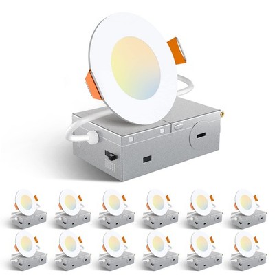 12 Pack 3 Inch 5CCT Ultra-Thin LED Recessed Ceiling Light with Junction Box, ...