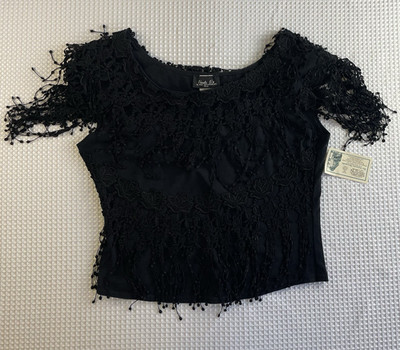 Vintage Y2K Black Lace Fringe Evening Top | Verda D | Made in USA | Boutique 