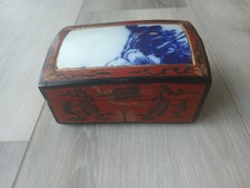Chinese Red Lacquer Wood Box with Inlaid Blue and White Porcelain Shard Fragment