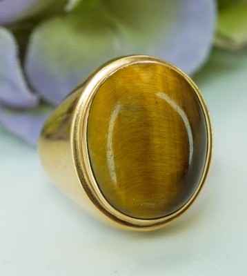 Vintage Large Tigers Eye 18K Gold Solitaire Ring Men's Estate High Quality
