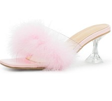 Women's Square Toe High Stilettos Heels Mules Sandals Fluffy Feather Slip Us 6.5