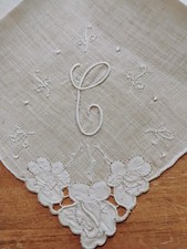 Vgt C Monogram White Embroidery White Linen Hankie Handkerchief