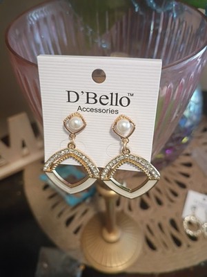 D  Bello NWT gold Tone Pearl Post Diamond Encrusted Dangling Hoop Earrings