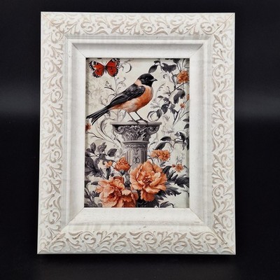 Framed Bird Art Print - Vintage Style Songbird with Butterfly and Flowers