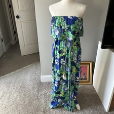 Japna Floral Strapless Maxi Dress Sz L Tiered Green Blue Peasant Boho Beach