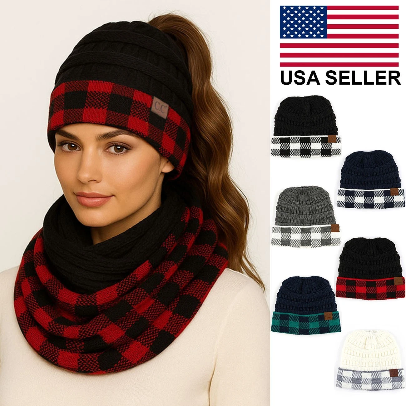 C.C 2pc Women Winter Buffalo Plaid Knit Messy Bun Ponytail Beanie& Scarf Set