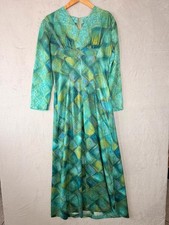 Vintage 70s Teal Green Abstract Geometric Maxi Dress Empire Waist Floor Length