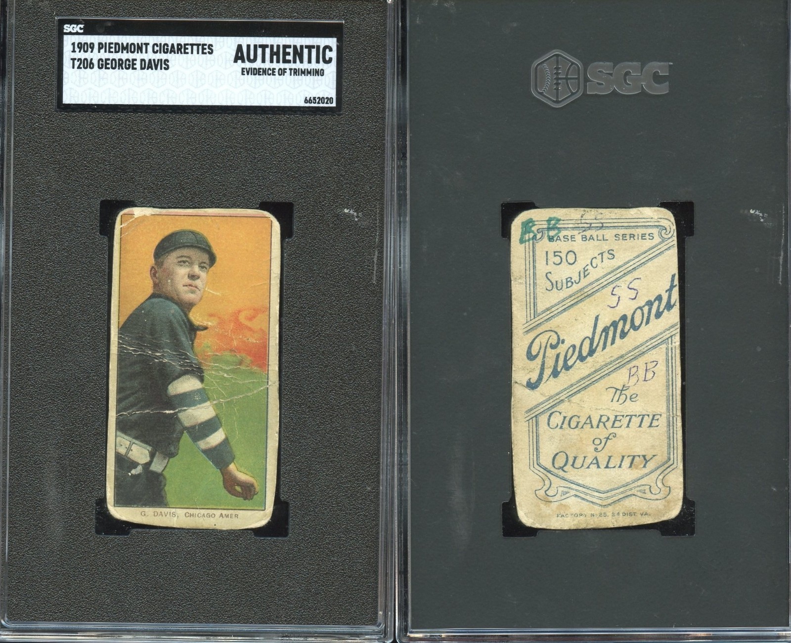 T206 George Davis HOF ~~ SGC Authentic ~~ Piedmont 150 back