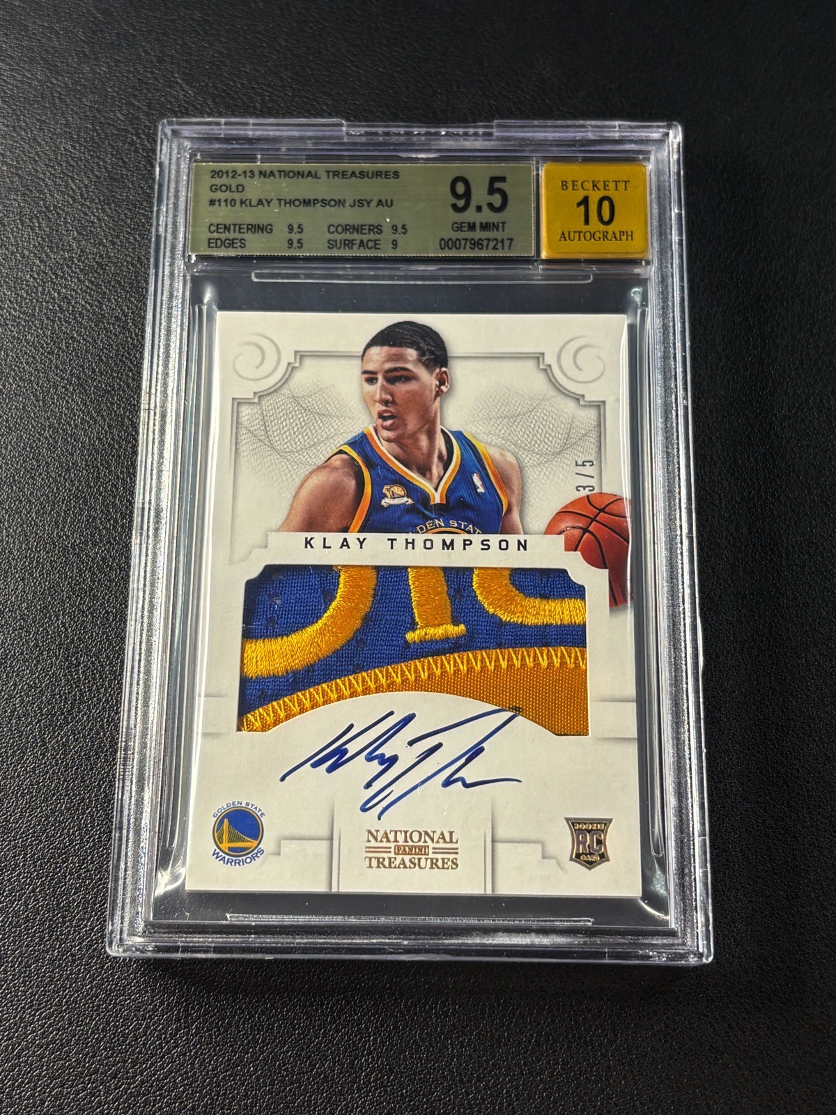 KLAY THOMPSON BGS 9.5/10 2012 NATIONAL TREASURES #110 GOLD ROOKIE PATCH AUTO 3/5