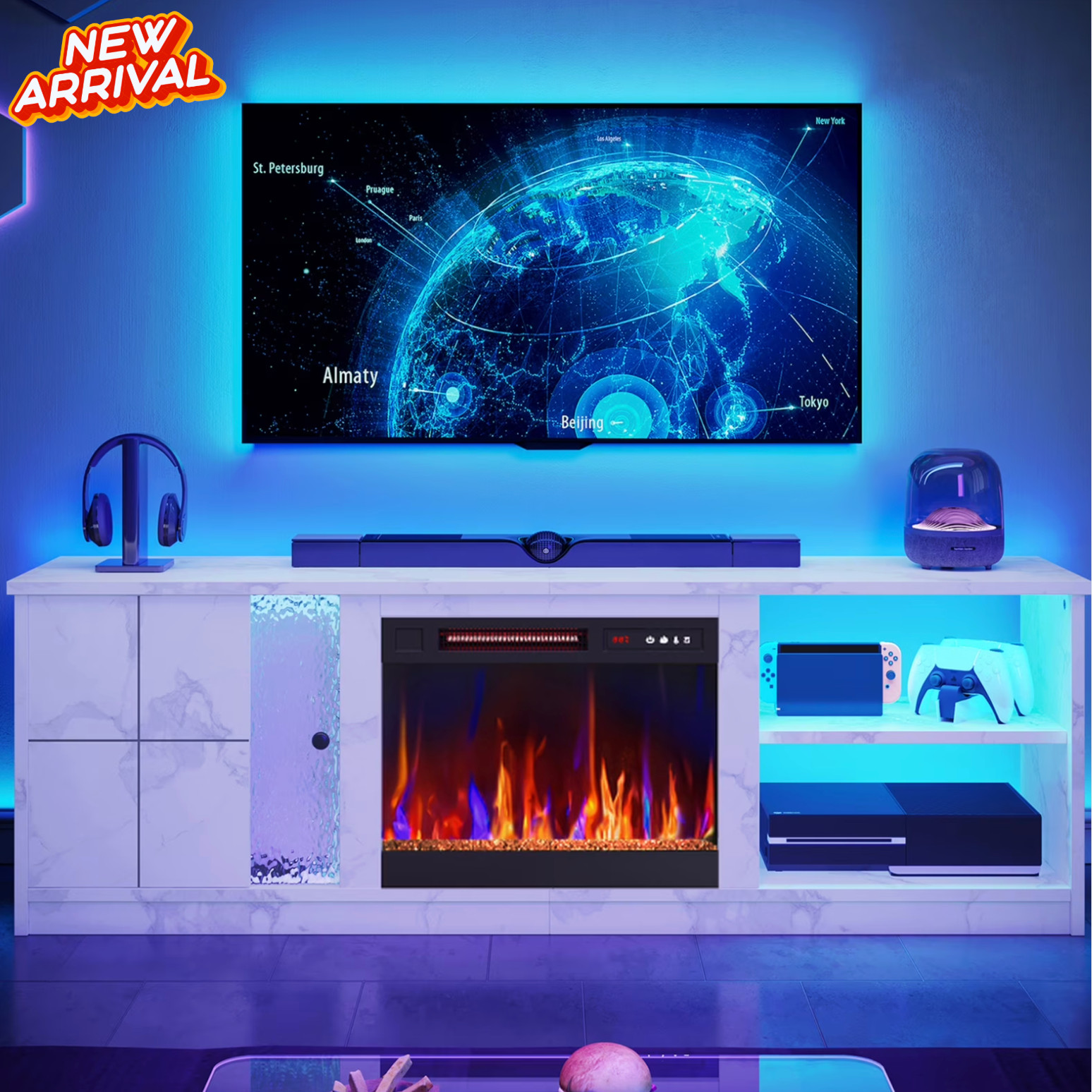 Soporte De TV Blanco Con Chimenea LED y Almacenaje Para Sala