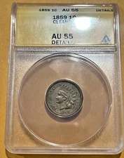 1859 1C INDIAN HEAD CENT-FIRST YEAR_ ANACS  AU55 DETAILS