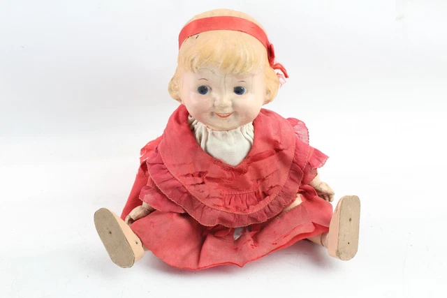 11 Composition & Wood Vintage Character Doll Poseable Standing w/ Moulded Hair