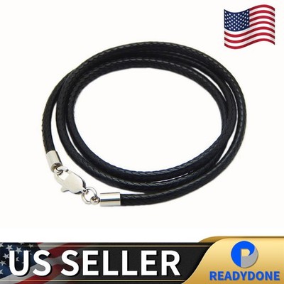 Black Woven Necklace Rope Leather Cord Stainless Steel Men Women Lobster Clasp