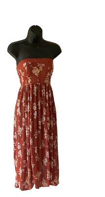 Free People Beachy Flowy Halter Dress Sienna Rust w Beige Floral Pointed Btm  S
