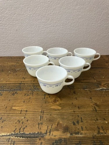 Pyrex Corning Ware MORNING BLUE Milk Glass Coffee Cups Set Of 6 Collectibles
