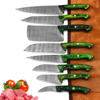 Handmade Damascus Kitchen Chef knife set With Leather Bag Kit 2910-GR