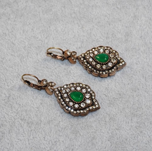 Fashion Drop Copper Earrings TUR Signed Green Glass Teardrop Clear Rhinestones - Picture 2 of 8