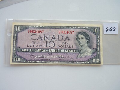 VINTAGE CANADA BANKNOTE 1954 10 DOLLARS PREFIX CV     NO662