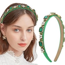 Thin Green Headbands for Women Pearl Rhinestone Hairbands with Gold ELEGANT