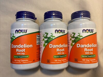 3 pack NOW Foods Dandelion Root, 500 mg, 100 Veg Capsules Exp 06/27