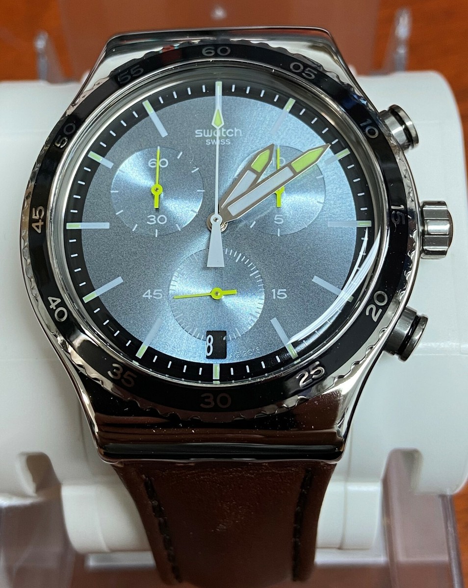Swatch YVS429 Irony Silver Dial Brown Leather Strap Chronograph