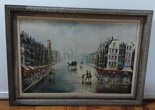 VINTAGE ABSTRACT FIGURAL PARISIAN CITYSCAPE OIL ON CANVAS SIGNED