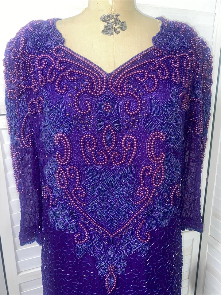 Maxi Vestido Vaina Vintage Años 80 Púrpura Lentejuelas Cuentas Largo Años 80 Seda Talla L/XL Foto 2 de 4