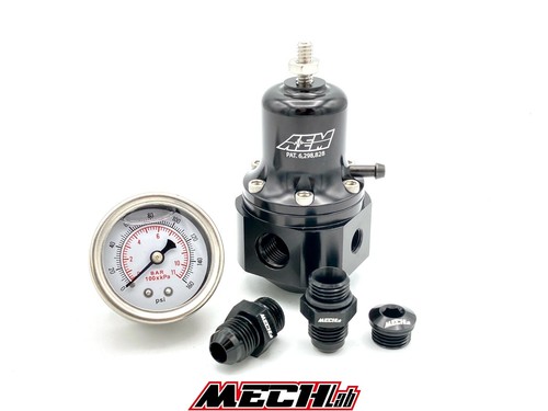 regolatore pressione benzina AEM 25-305BK raccordi AN6 ORB manometro BAR PSI 1/8