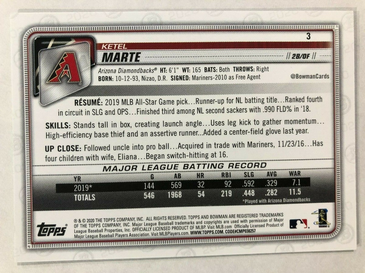 2020 Bowman Sky Blue #3 Ketel Marte Serial #'d 327/499 | eBay