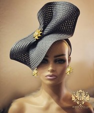 Aimee Fuller Charcoal Gray Ascot Kentucky Derby Fascinator Hat Gold Pearl Flower