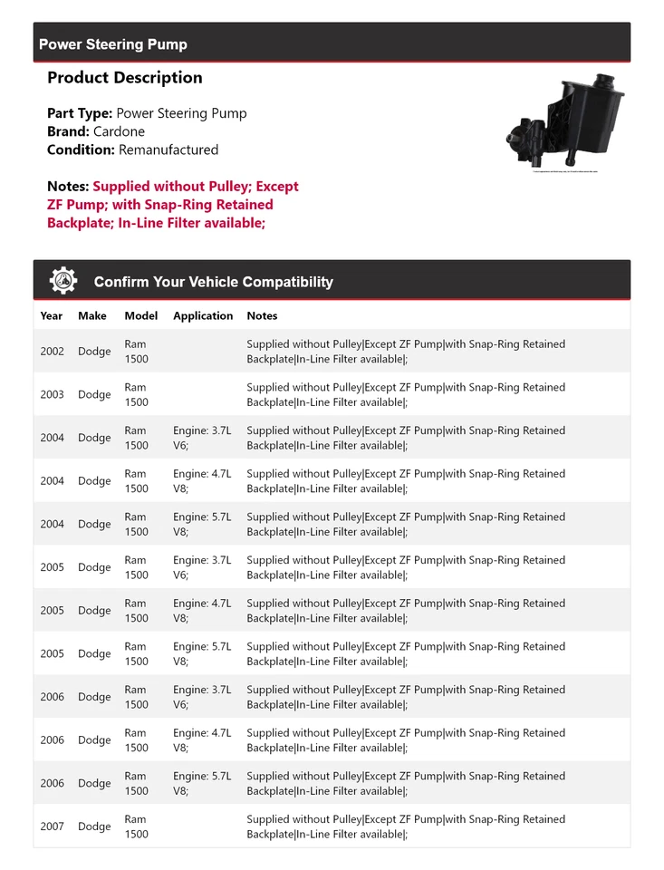 For 2002-2007 Dodge Ram 1500 Power Steering Pump Cardone 2003 2004 2005 2006 - Image 2 of 4